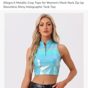 Allegra K Holographic Blue Zip-Up Tank Top